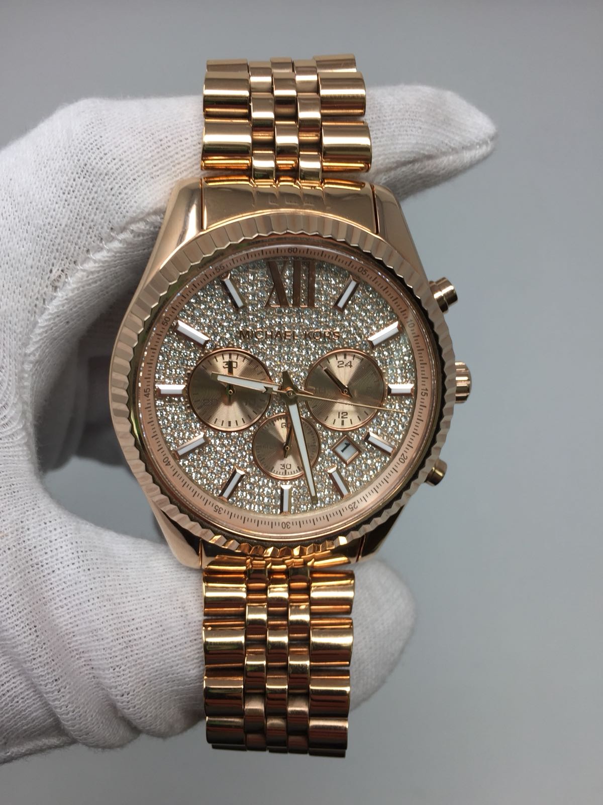 Michael Kors Lexington Chronograph Rose Gold Crystal Pave Unisex Watch ...
