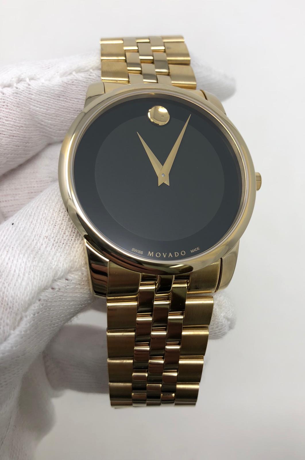 Movado Museum Classic Swiss Sapphire Black Dial Gold Tone Mens Watch Movado Swiss Made Stainless Steel Water Resistant Sapphire Crystal