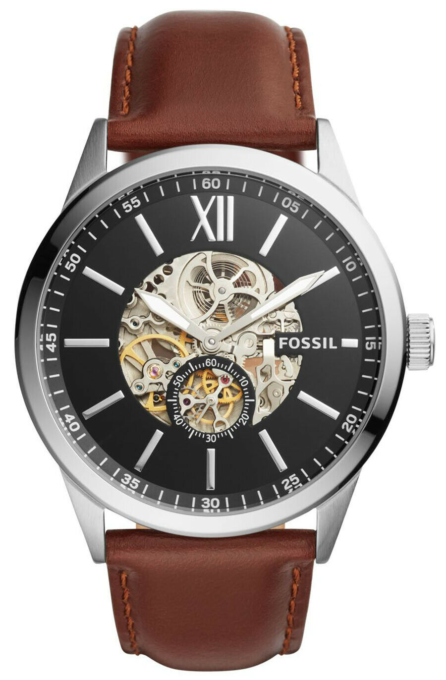 Fossil Flynn Automatic Black Skeleton Dial Brown Leather Men's Watch ...
