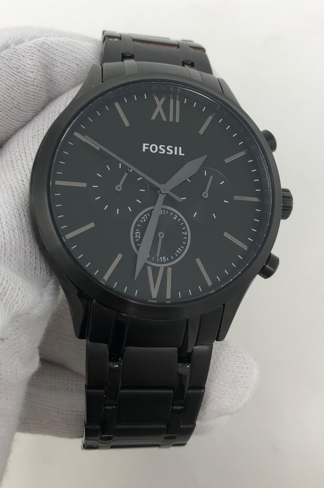 Fossil Multifunction Roman Numerals 48mm Black Dial Steel Men's Watch ...