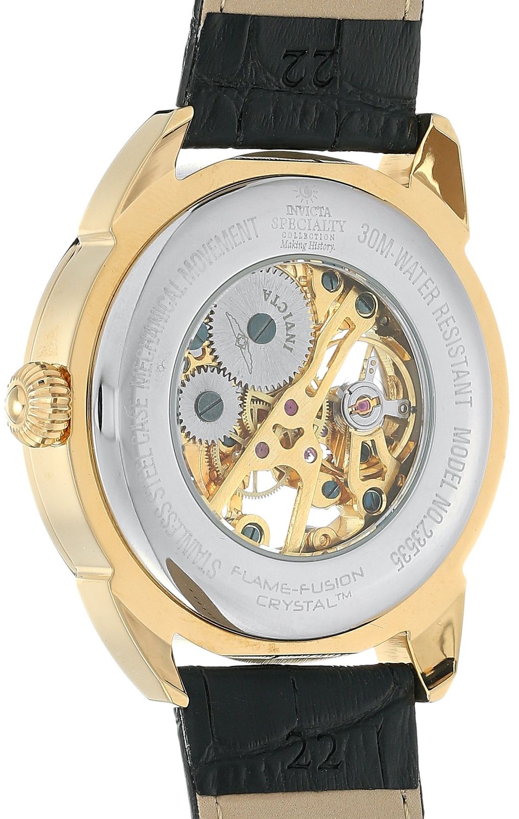 Invicta Specialty 42mm Gold Skeleton Dial Black Leather Men's Watch