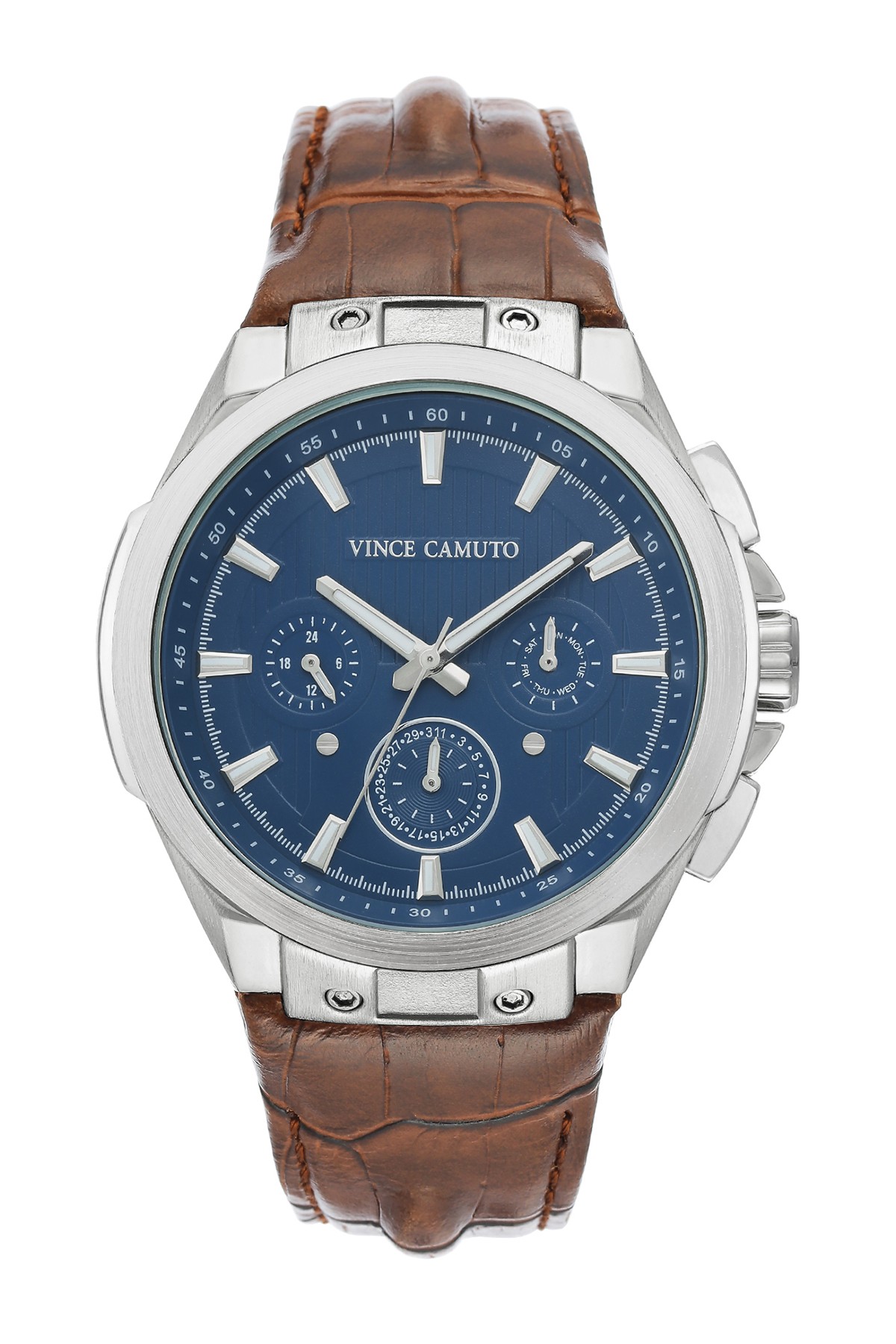Vince Camuto Chronograph 45mm Blue Dial Brown Leather Men's Watch VC ...