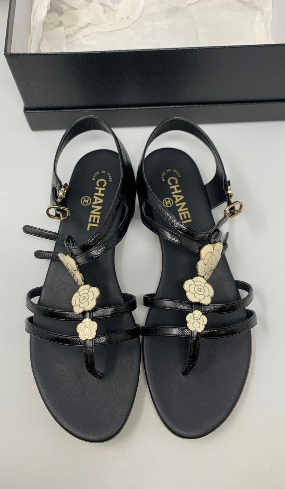 CHANEL Lambskin CC Thong Sandals 38 Black 641184