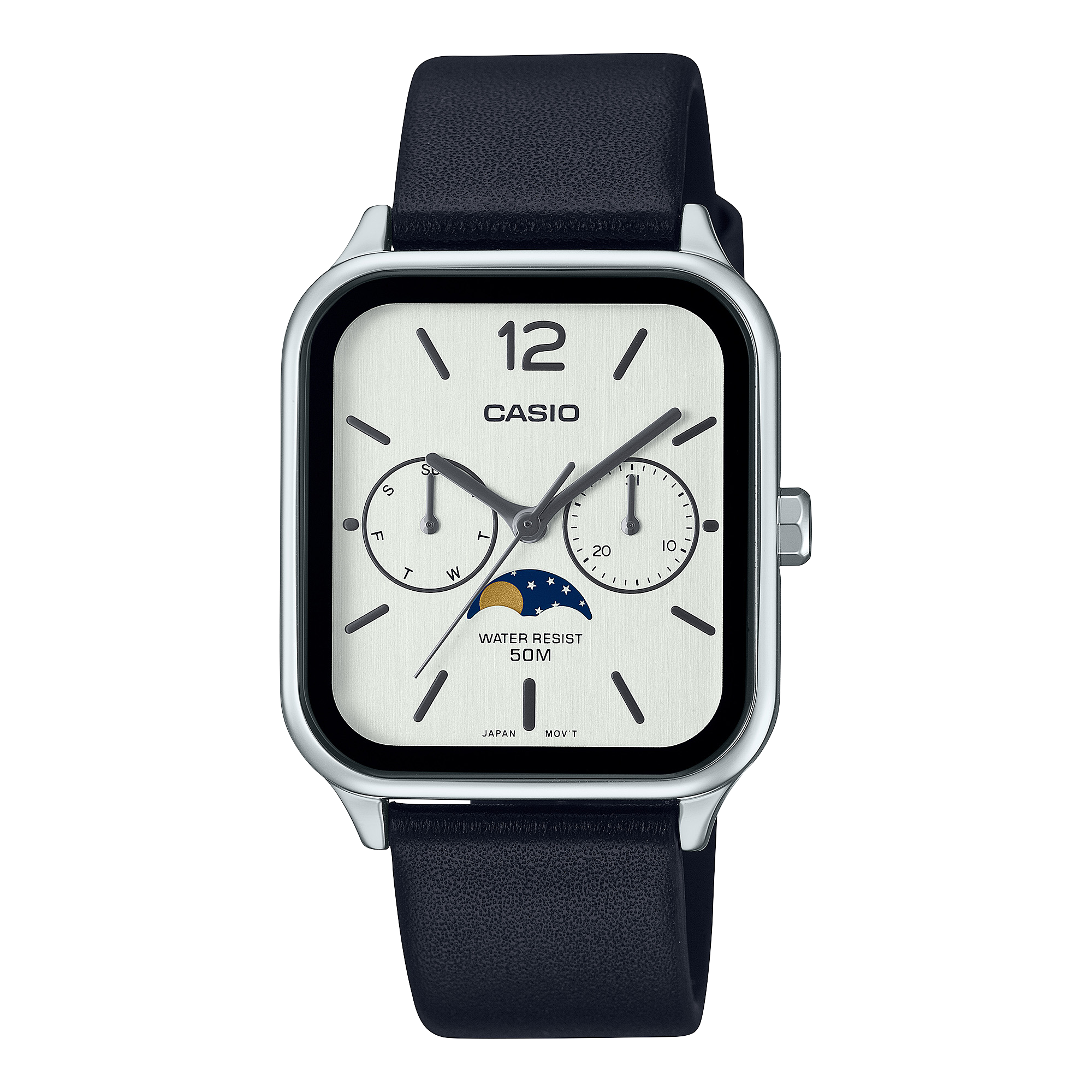 時計 CASIOMTP-M305L1A Casio Standard Moon Phase White Dial Black Leather Unisex