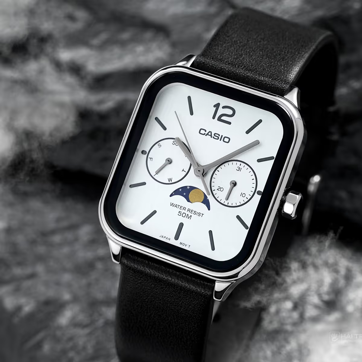 Casio Standard Moon Phase White Dial Black Leather Unisex