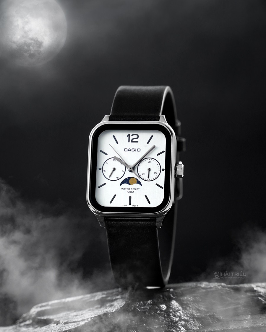 Casio Standard Moon Phase White Dial Black Leather Unisex